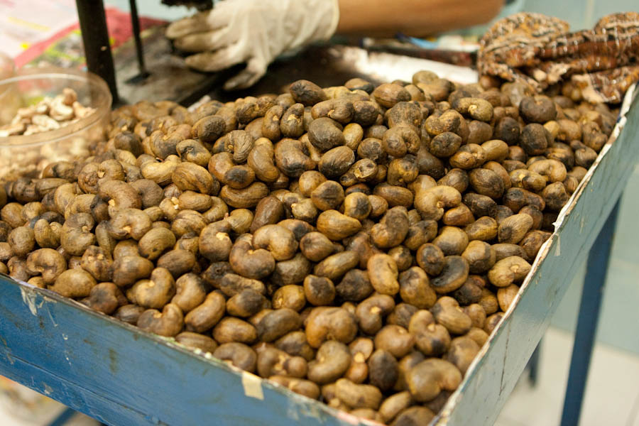 Worker shelling cashew nuts