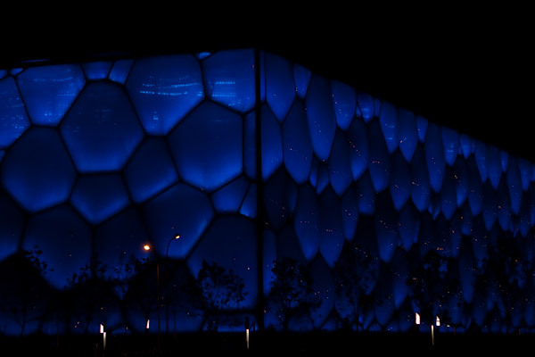 The Water Cube lit up at night