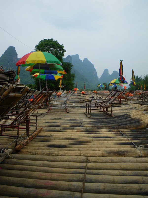 Bamboo rafts on the Yulong River waiting for passengers 