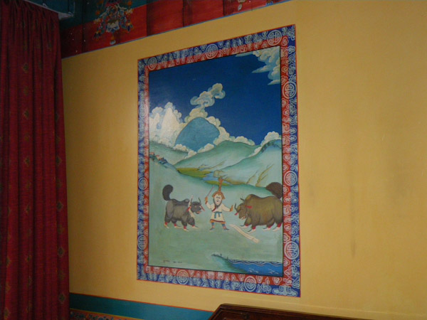 Colorful wall paintings in our room at The Yak Hotel, Lhasa