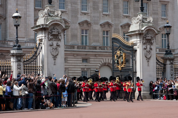 Guards emerging from Buckingham Palace