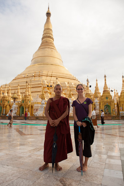 A Monk and Heidi at Shwedagon Paya