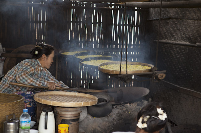 Cooking Yellow Split Peas in Woks in Kaung Daing Village