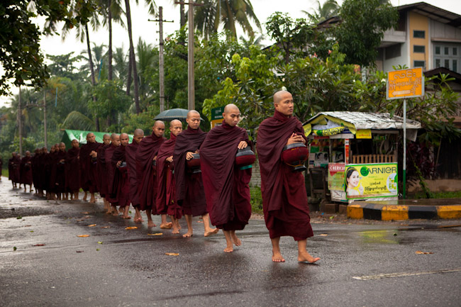 Monks Collecting Alms in Bago