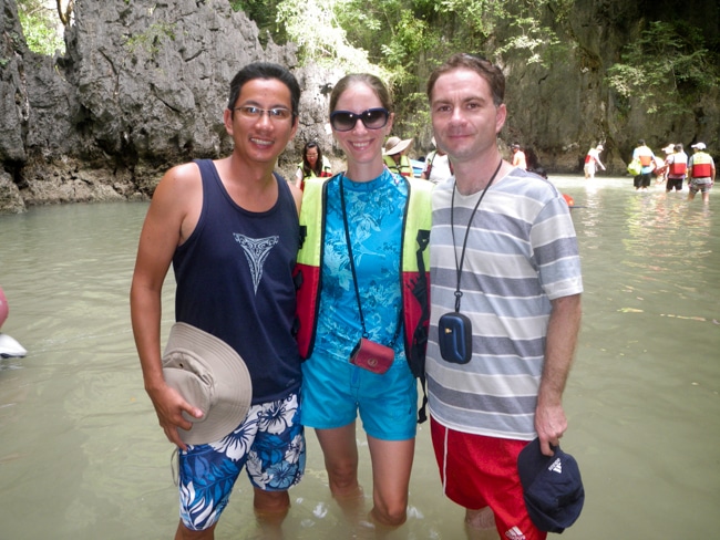 George, Heidi, and Hamid in a Hong in Phang Nga Bay